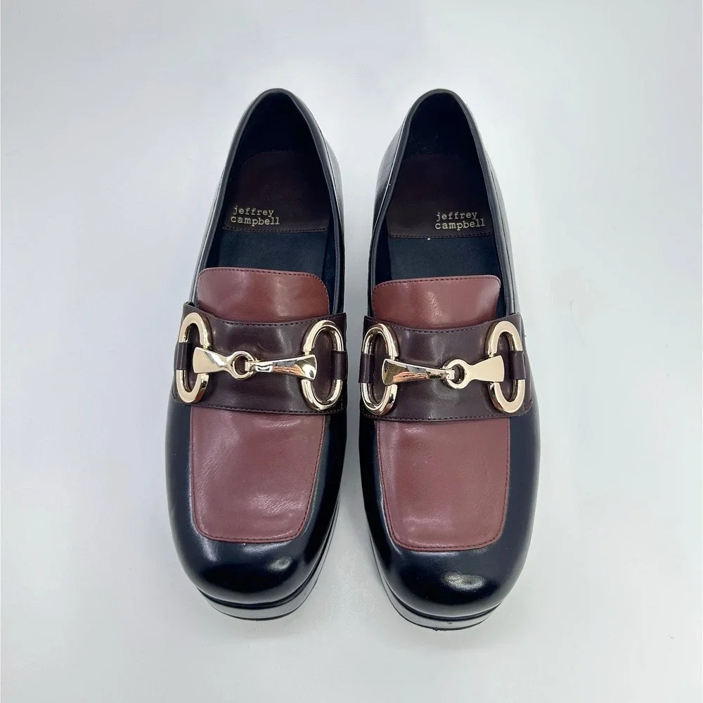 Jeffrey Campbell Student Platform Loafers Two Tone Leather Horsebit Chunky Heel